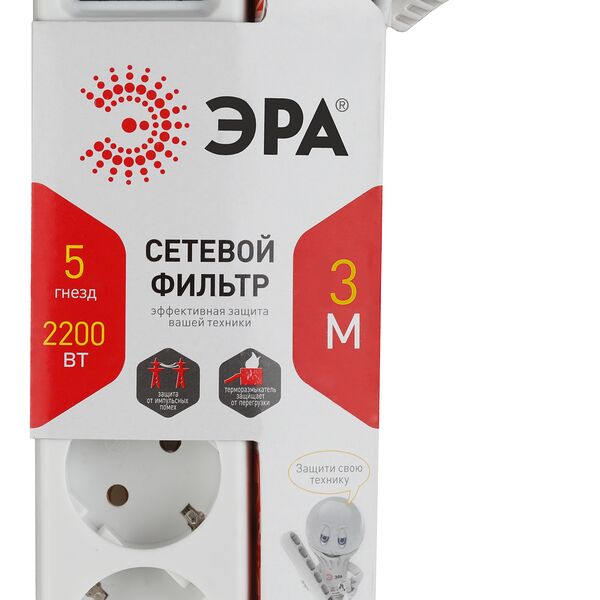 Сетевой фильтр Эра 5 розеток, 3 метра, 10А