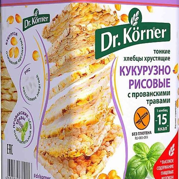 Хлебцы Dr.Korner кукурузно-рисовые с прованскими травами без глютена хрустящие, 100г
