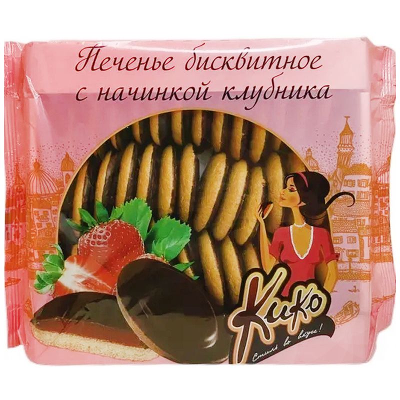 

Печенье КИКО бисквитное в темной глазури с начинкой клубника 600г