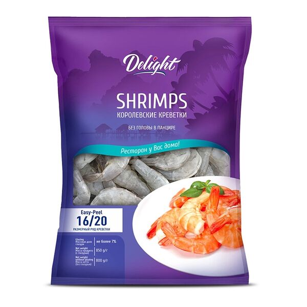 Креветки с/м Delight калибр 16-20 шт в кг, б/г в панцире легкой очистки 800г/850г, Вьетнам
