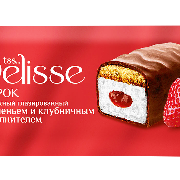 Сырок творожный глазированный DELISSE с клубничным наполнителем и печеньем 26%, без змж, 43г