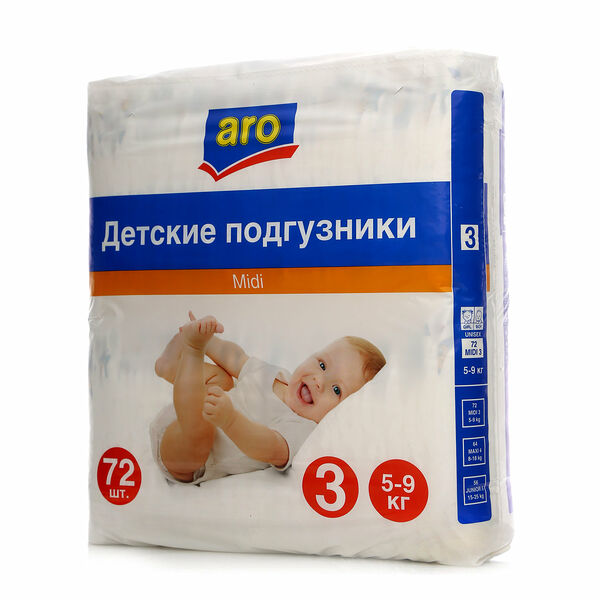 Подгузники Midi 3 (5-9 кг) ТМ Aro, 72 шт