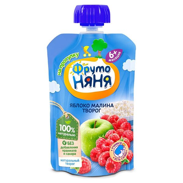 Фруктовое пюре Фрутоняня яблоко-малина-творог, с 6 месяцев