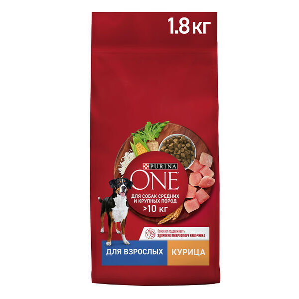 Сухой корм Purina ONE® для взрослых собак средних и крупных пород, с высоким содержанием курицы и с рисом, 1,8 кг