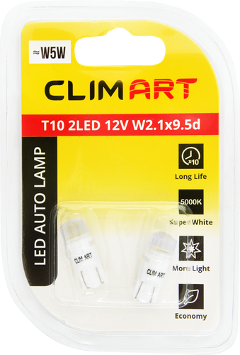

Лампа автомобильная светодиодная CLIM ART T10 2LED 5000К 12V W2.1x9.5d (W5W)/к-т, 2шт