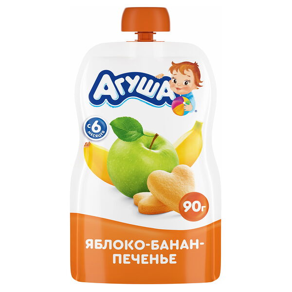 Детское фруктовое пюре Агуша Яблоко-Банан-Печенье в мягкой упаковке, с 6 месяцев, 90г