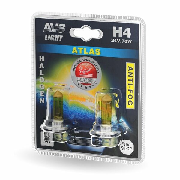 Лампа галогенная AVS ATLAS ANTI-FOG желтый H4.24V.75/70W блистер, 2 шт.