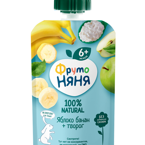 Пюре фруктовое ФрутоНяня с творогом яблоко банан 90г пауч ДП
