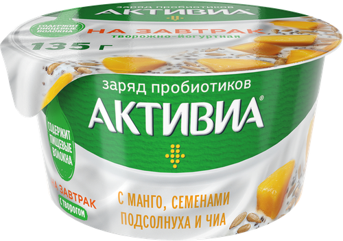 

Биопродукт творожно-йогуртный Активиа Probiotic bowl с пищевыми волокнами, манго, семенами подсолнуха и чиа 3.5% 135 г