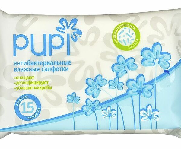 Салфетки влажные Pupi антибактериальные, 15шт