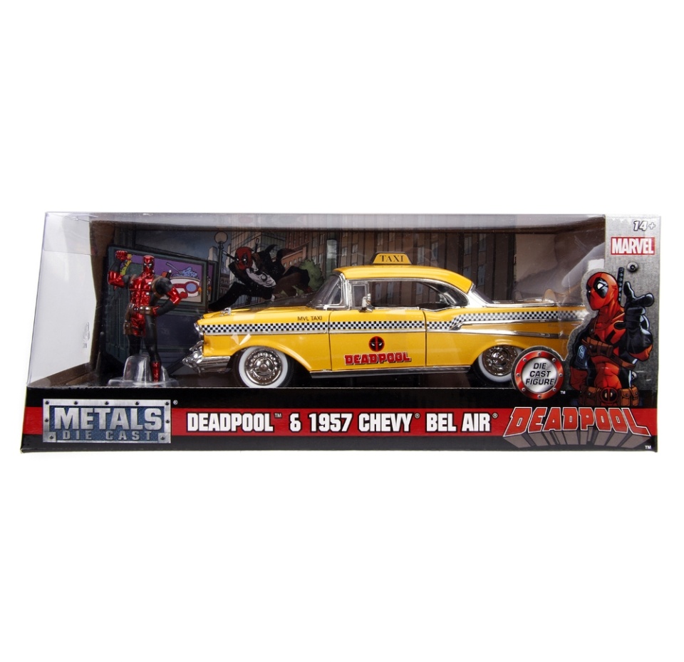 

Набор Hollywood Rides: машинка с фигуркой 2.75" Chevy Bel Air-Hard Top W/Deadpool Figure, Jada Toys, 1:241957, Китай