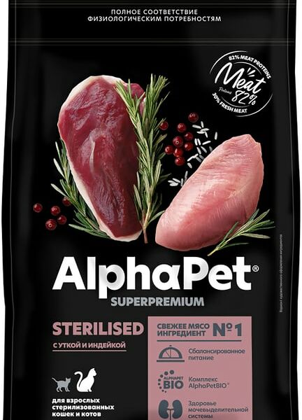 Сухой корм для стерилизованных кошек AlphaPet Утка индейка 1.5кг