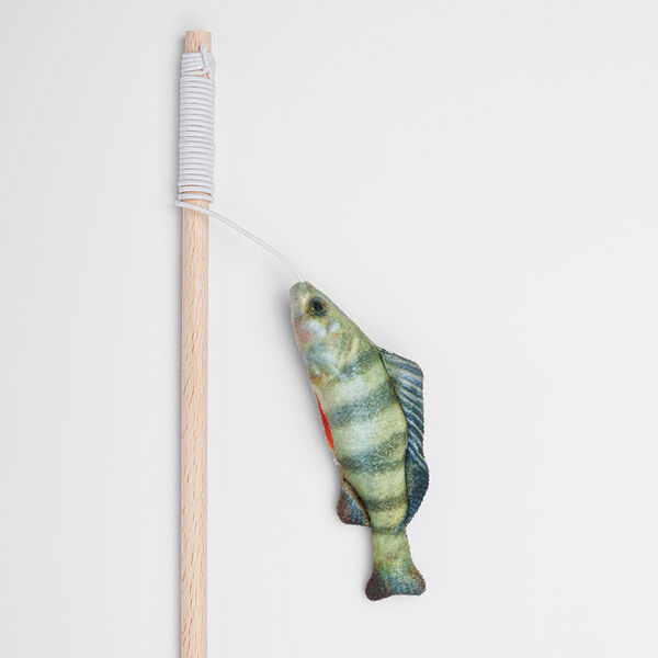 Игрушка-дразнилка с кошачьей мятой, валерианой и погремушкой для кошек Окунь, 11х3,5х1,7 см, удочка 40 см