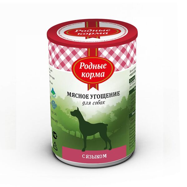 РОДНЫЕ КОРМА для собак консервы 340г Мясное угощение Язык