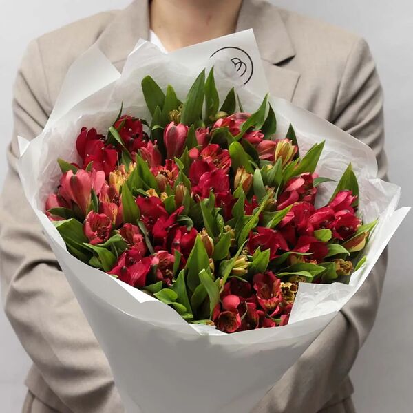 Букет из 25 красных и оранжевых альстромерий в белой пленке