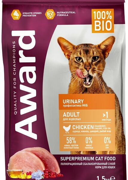 Сухой корм для кошек Award Urinary для профилактики мочекаменной болезни с курицей с добавлением клюквы цикория и рыбьего жира 1.5кг