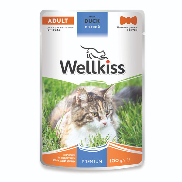 Adult Влажный корм Wellkiss для взрослых кошек, с уткой в соусе, 100 гр.