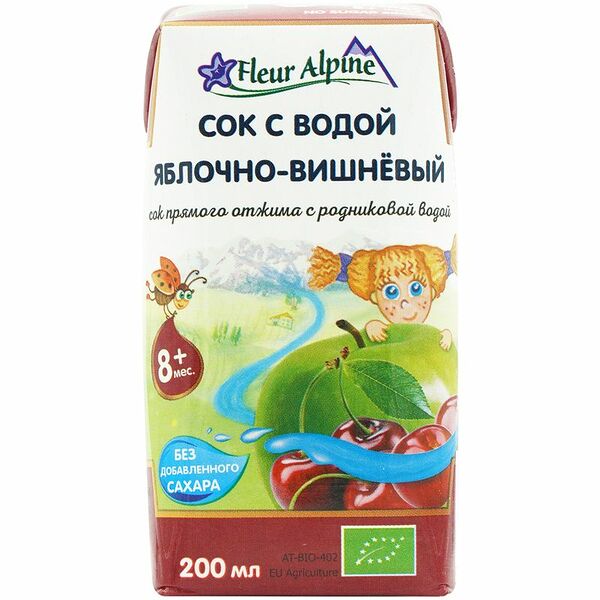 Сок Fleur Alpine прямого отжима с природной родниковой водой Яблочно-вишневый, с 8 месяцев, 200мл