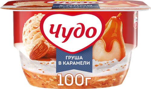 

Творожок Чудо взбитый груша в карамели с пломбиром и миндалем 4.2% 100 г