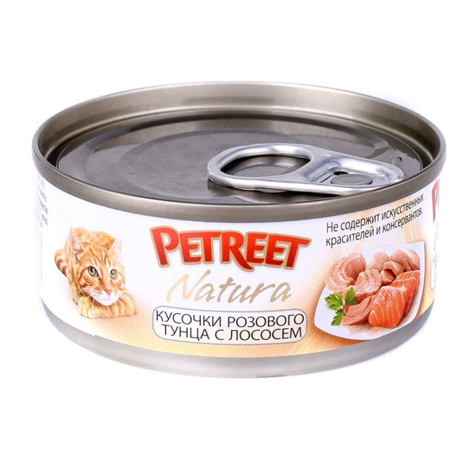 

Корм влажный для кошек PETREET кусочки розового тунца с лососем