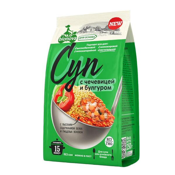 Суп Bionova С чечевицей и булгуром смесь д/приготовления 250г