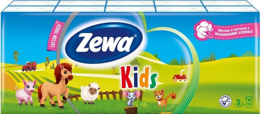 

Платочки бумажные носовые Zewa Kids детские 3 слоя 10 шт. x 10 шт.