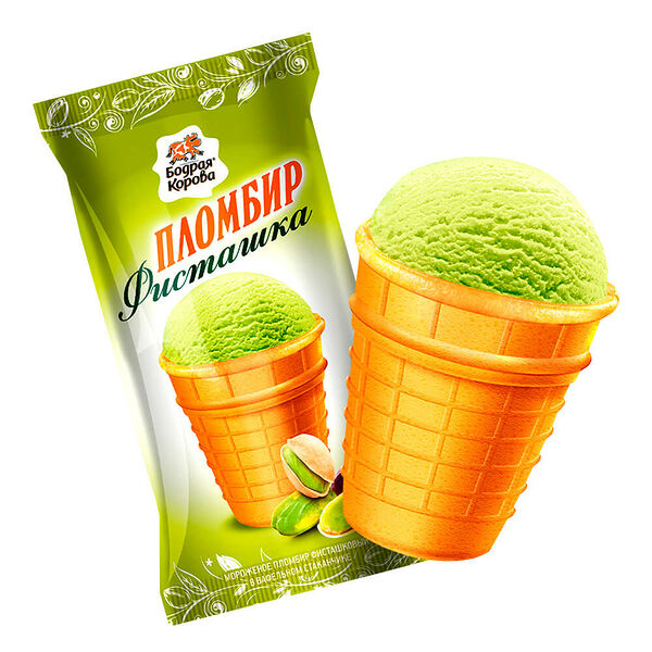 Мороженое бодрая корова 80г пломбир фисташковый в вафельном стаканчике