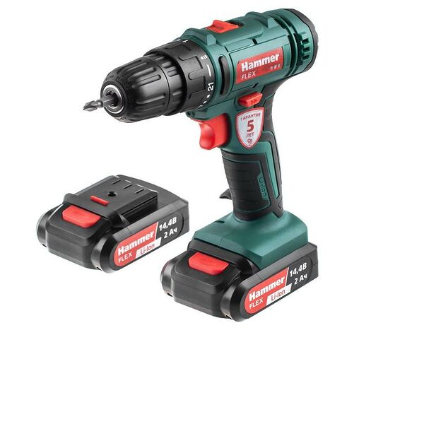 Дрель аккумуляторная HAMMER Flex, 14,4В, 2x2Ач, 10мм, 1350об/мин