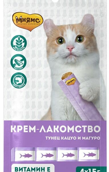 Крем-лакомство для кошек Мнямс с тунцом Кацуо и Магуро 15г*4шт