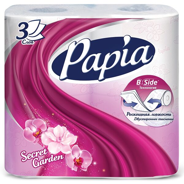 Туалетная бумага Papia Secret Garden 3 слоя, 4 рулона