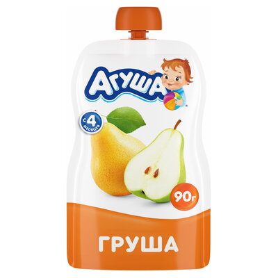 Детское фруктовое пюре Агуша Груша в мягкой упаковке, с 4 месяцев, 90г