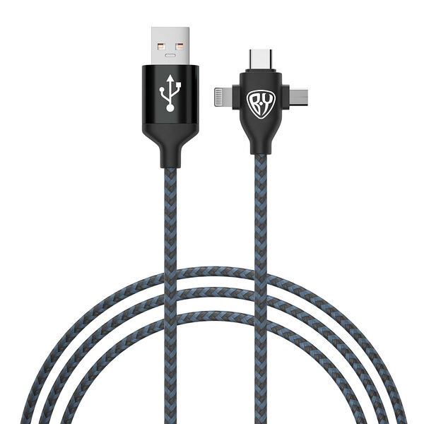 Кабель для зарядки BY 3 в 1 ip/micro usb /type-c 1 м 2 а тканевая оплетка чёрный