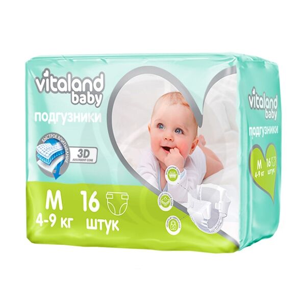 Vitaland baby подгузники размер M 4-9 кг 16 шт