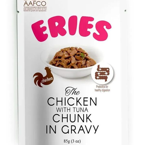 Влажный корм Pettric Eries для любых кошек Курица с мясом тунца, кусочки в соусе 85г