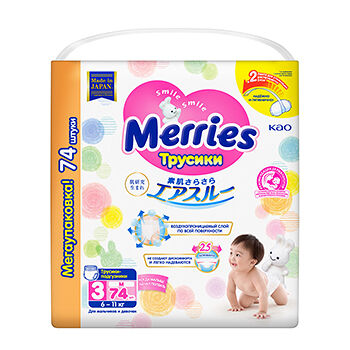 Merries трусики-подгузники размер M 6-11 кг 74 шт