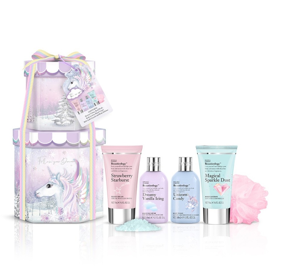

Набор подарочный Beauticology Unicorn Mini Stack Set: крем для душа 100 мл, крем для рук 50 мл, гель для душа 100 мл, лосьон для тела 50 мл, соль для ванны 25 г, мочалка, Baylis & Harding, Китай