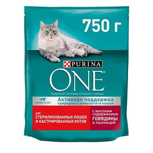 Сухой корм Purina ONE Sterilised для взрослых стерилизованных кошек и кастрированных котов, с говядиной и пшеницей, 750г