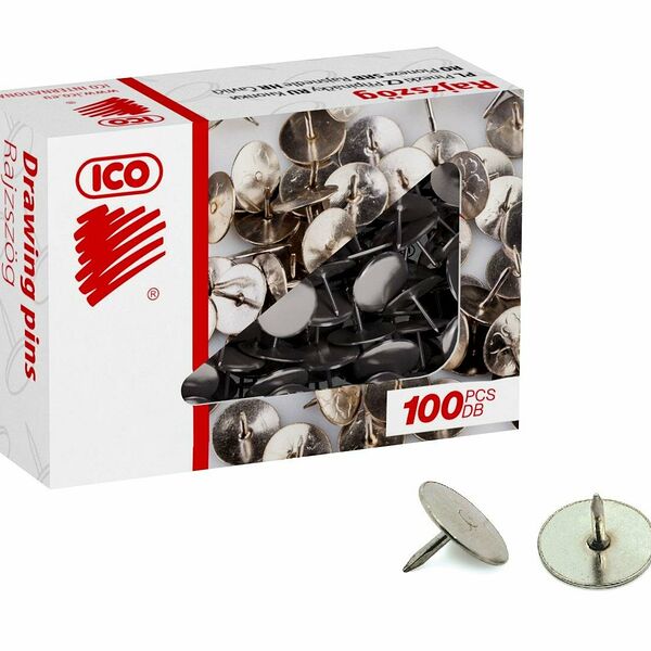 Кнопки канцелярские ICO стальные, 11 мм, стальные, 100 шт. карт.уп