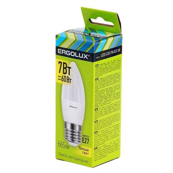 Лампа светодиодная ERGOLUX, E27, 7 Вт, 3000К, 172-265 В, свеча