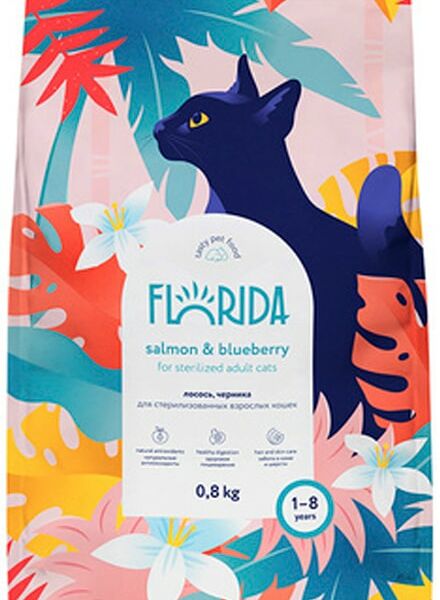 Сухой корм для стерилизованных кошек Florida с лососем и черникой 800г