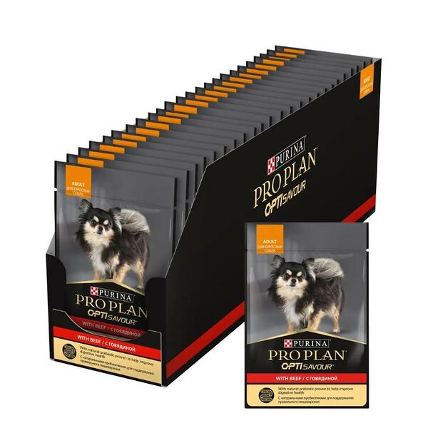 Корм для собак PRO PLAN Opti savour для мелких и карликовых пород, с говядиной в соусе пауч 85г (упаковка - 26 шт)