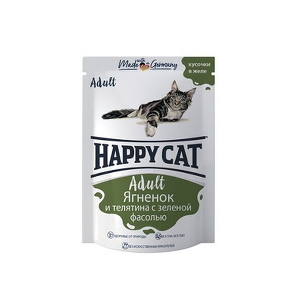 Корм для кошек влажный Happy cat Adult Ягненок и телятина с зеленой фасолью 100г