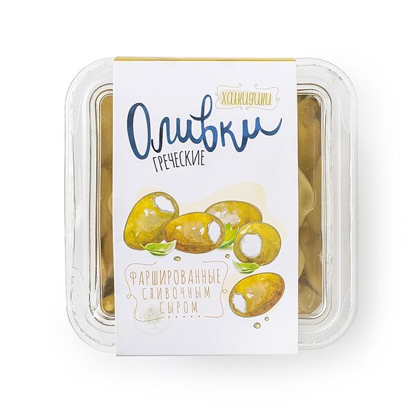 Оливки натуральные без косточки фаршированные сливочным сыром 300г, Россия