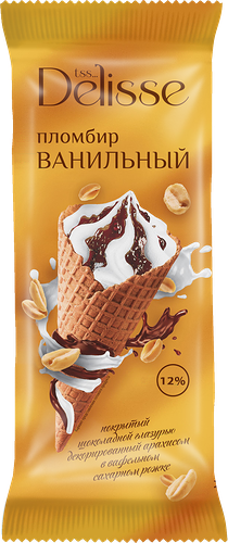 Мороженое рожок Delisse Пломбир ванильный покрытый шоколадной глазурью с арахисом 12%, без змж