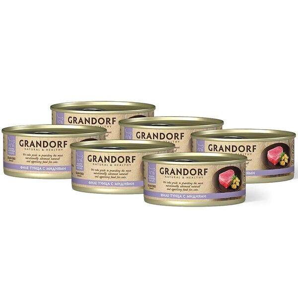 Корм для кошек GRANDORF Филе тунца с мидиями банка 70г (упаковка - 6 шт)