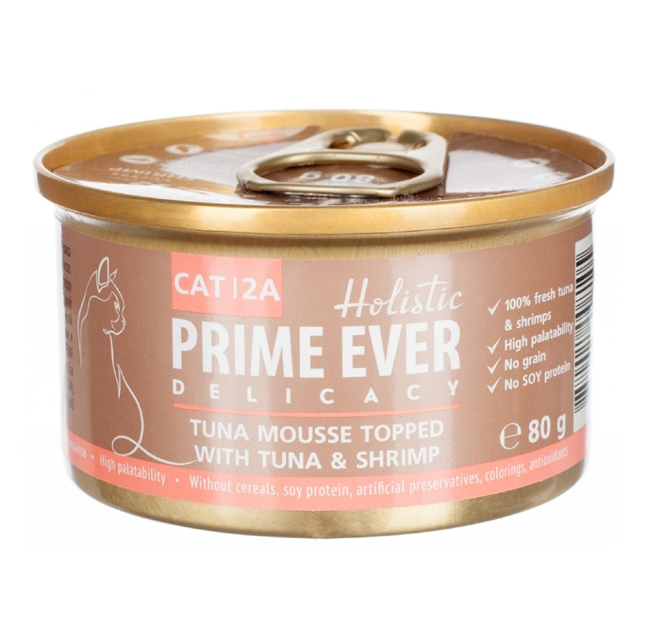 

Корм влажный для кошек Prime Ever 2A Delicacy Мусс тунец с креветками 80г