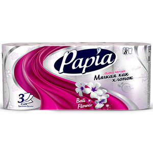 Туалетная бумага Papia Балийский цветок трехслойная, 8 рулонов в Магнит со скидкой –23%
