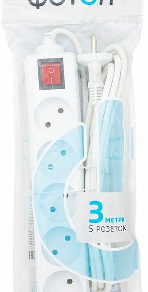 Удлинитель сетевой ФОТОН 16-35ЕS, 16А, 5 розеток, с выключателем, с заземлением, белый, 3м