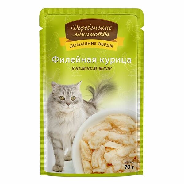 Корм для кошек ДЕРЕВЕНСКИЕ ЛАКОМСТВА Филейная курица в нежном желе пауч