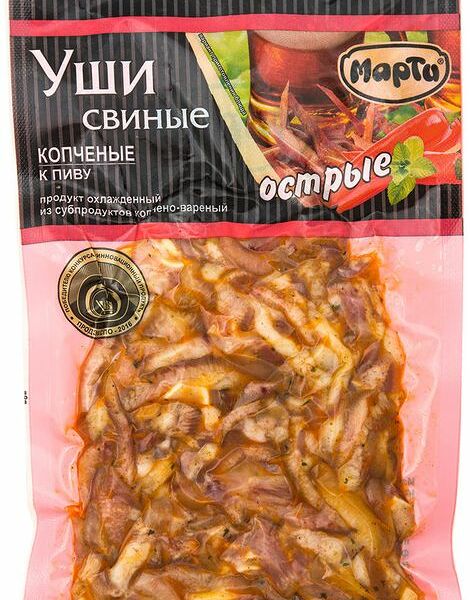 Уши свиные копчено-вареные Марти острые к пиву, 100 г